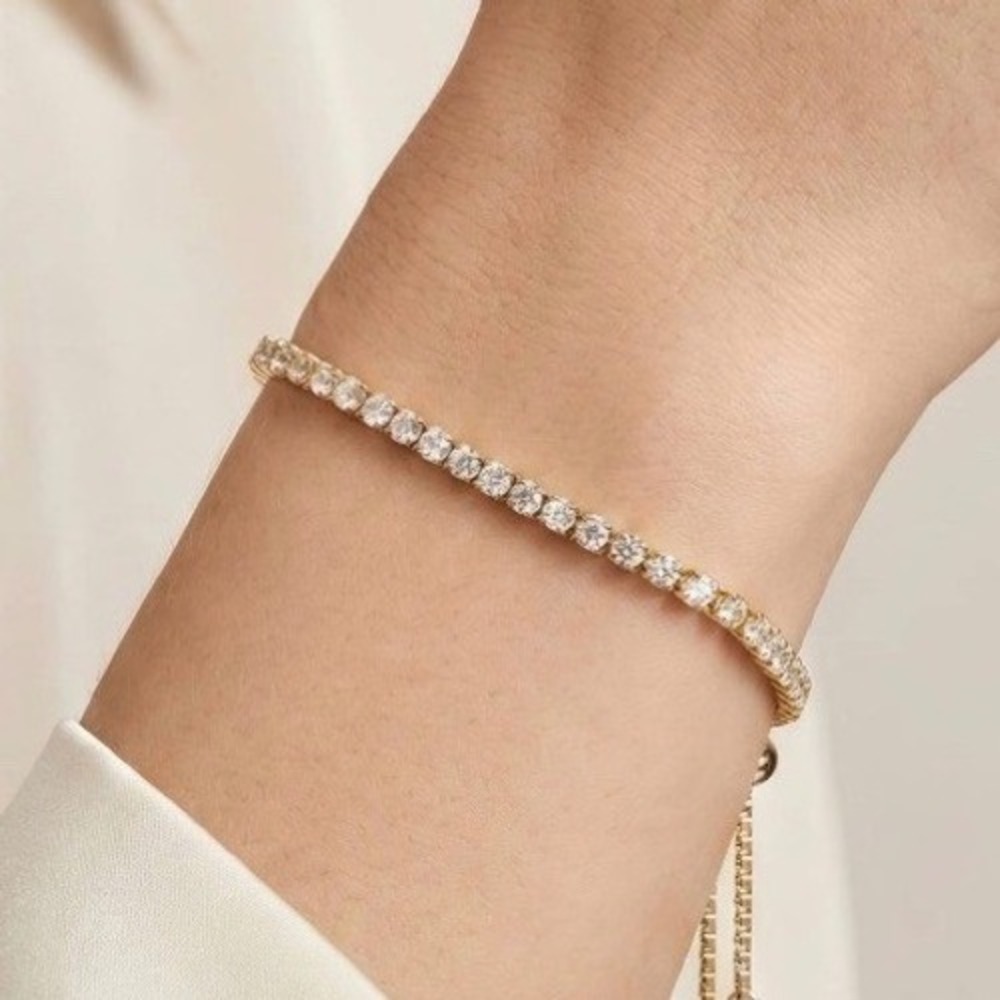 18K Gold Plated Tennis Bracelet Cubic Zirconia Adjustable Slider Brass